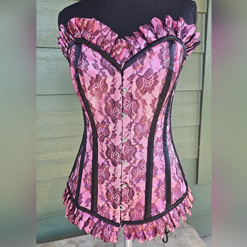 Top Drawer By Daisy Corsets Pink & Black Lace Corset-Overbust With Busk Closure